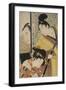 Act II of Chushingura, the Young Samurai Rikiya, with Konami, Honzo Partly Hidden Behind the Door-Kitagawa Utamaro-Framed Giclee Print