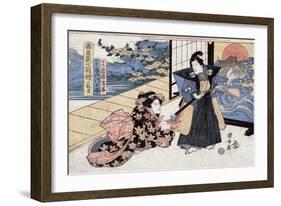 Act Two: Man with Sword and Fan Standing next to a Woman, Japanese Wood-Cut Print-Lantern Press-Framed Art Print