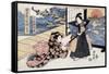 Act Two: Man with Sword and Fan Standing next to a Woman, Japanese Wood-Cut Print-Lantern Press-Framed Stretched Canvas