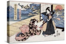 Act Two: Man with Sword and Fan Standing next to a Woman, Japanese Wood-Cut Print-Lantern Press-Stretched Canvas