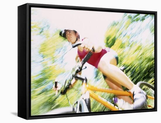 Action of Female Cyclist on Mountain Bike Riding Throught the Woods, Rutland, Vermont, USA-Chris Trotman-Framed Stretched Canvas