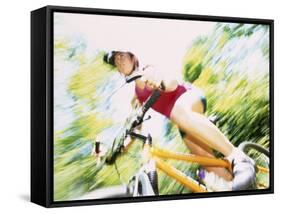 Action of Female Cyclist on Mountain Bike Riding Throught the Woods, Rutland, Vermont, USA-Chris Trotman-Framed Stretched Canvas
