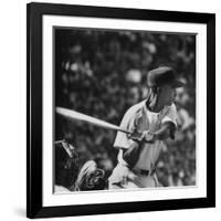 Action Shot of Chicago Cub's Ernie Banks, Preparing to Smack the Incoming Baseball with His Bat-John Dominis-Framed Premium Photographic Print