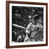Action Shot of Chicago Cub's Ernie Banks, Preparing to Smack the Incoming Baseball with His Bat-John Dominis-Framed Premium Photographic Print