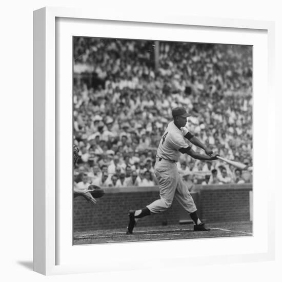 Action Shot of Chicago Cub's Ernie Banks Smacking the Pitched Baseball-John Dominis-Framed Premium Photographic Print