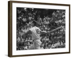 Action Shot of Cincinatti Red's Ted Kluszewski, Following the Direction of Baseball from His Hit-John Dominis-Framed Premium Photographic Print