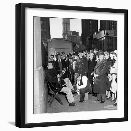 Activist Folk Musician Woody Guthrie Playing for a Crowd of New Yorkers-null-Framed Premium Photographic Print