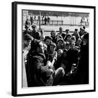 Activist Folk Musician Woody Guthrie Playing for a Crowd of Young New Yorkers in a Park-null-Framed Premium Photographic Print