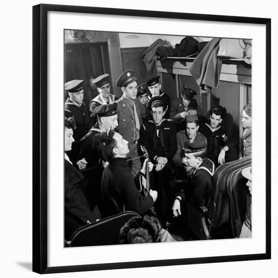 Activist Folk Musician Woody Guthrie Playing for a Group of Servicemen During WWII-Eric Schaal-Framed Premium Photographic Print