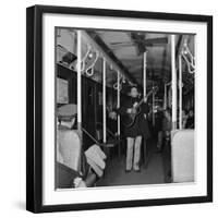Activist Folk Musician Woody Guthrie Playing for a Subway Car of New Yorkers-Eric Schaal-Framed Premium Photographic Print