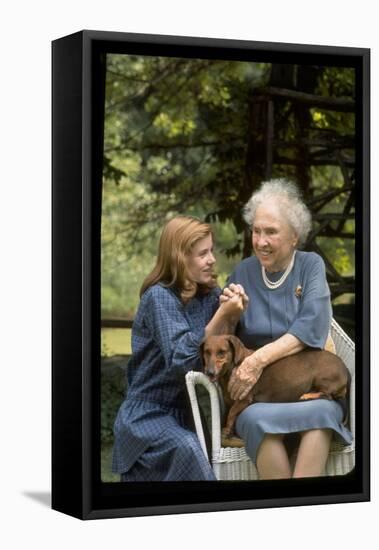 Activist for the Disabled, Helen Keller, with Pet Dog in Her Lap as She Meets Actress Patty Duke-Nina Leen-Framed Stretched Canvas