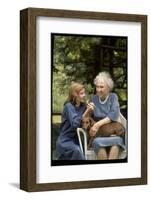 Activist for the Disabled, Helen Keller, with Pet Dog in Her Lap as She Meets Actress Patty Duke-Nina Leen-Framed Photographic Print