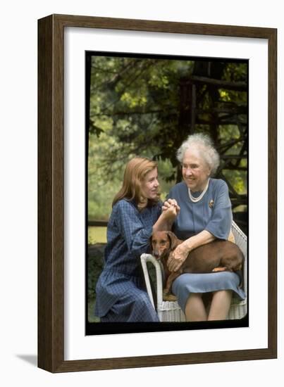 Activist for the Disabled, Helen Keller, with Pet Dog in Her Lap as She Meets Actress Patty Duke-Nina Leen-Framed Photographic Print