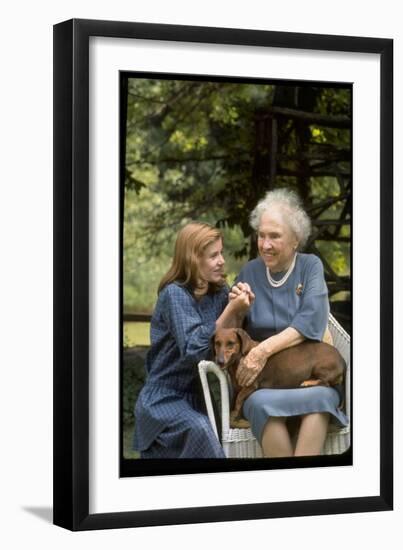 Activist for the Disabled, Helen Keller, with Pet Dog in Her Lap as She Meets Actress Patty Duke-Nina Leen-Framed Photographic Print