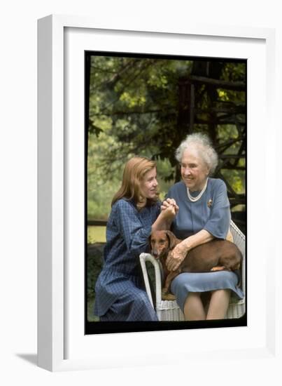 Activist for the Disabled, Helen Keller, with Pet Dog in Her Lap as She Meets Actress Patty Duke-Nina Leen-Framed Photographic Print