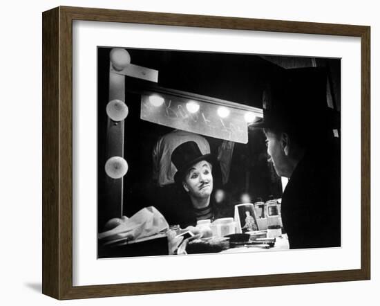 Actor Charlie Chaplin Looking Putting on Makeup for Role as Animal Trainer in Film "Limelight"-W^ Eugene Smith-Framed Premium Photographic Print