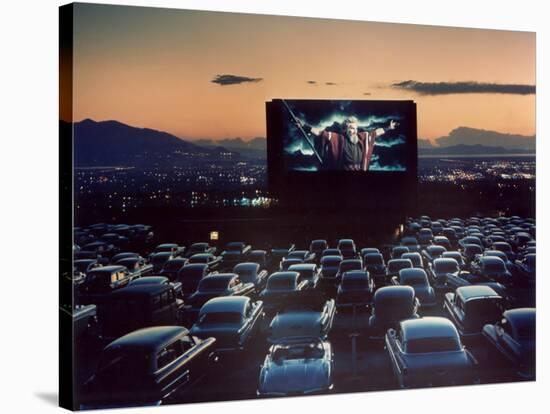 Actor Charlton Heston as Moses in "The Ten Commandments," Shown at Drive-in Theater-J^ R^ Eyerman-Stretched Canvas