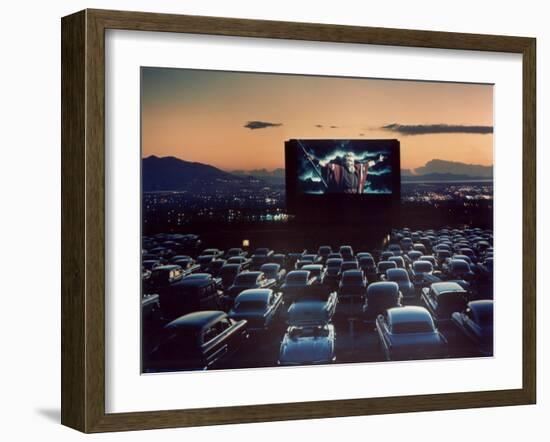 Actor Charlton Heston as Moses in "The Ten Commandments," Shown at Drive-in Theater-J^ R^ Eyerman-Framed Photographic Print