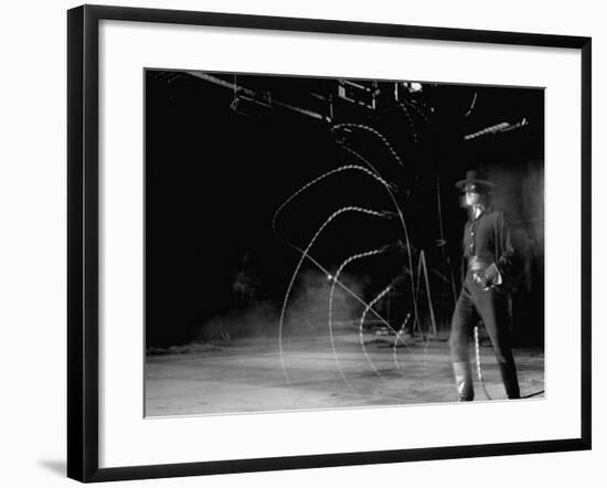 Actor Guy Williams Practicing Using a Whip for His Role as Zorro-Allan Grant-Framed Premium Photographic Print