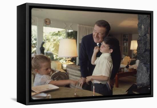 Actor John Wayne at Home with His Son Ethan and Daughter-John Dominis-Framed Stretched Canvas