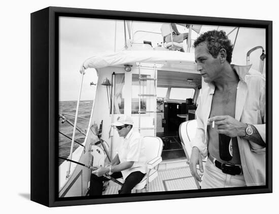 Actor Paul Newman Fishing with a Friend-Mark Kauffman-Framed Stretched Canvas