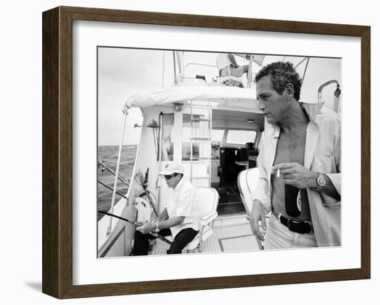 Actor Paul Newman Fishing with a Friend-Mark Kauffman-Framed Premium Photographic Print