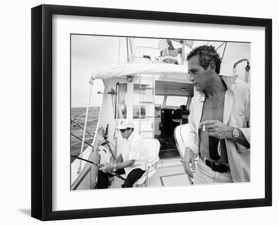 Actor Paul Newman Fishing with a Friend-Mark Kauffman-Framed Premium Photographic Print