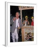 Actor Paul Newman Standing Next to a Stand Sell Newman's Own Virgin Lemonade-null-Framed Premium Photographic Print