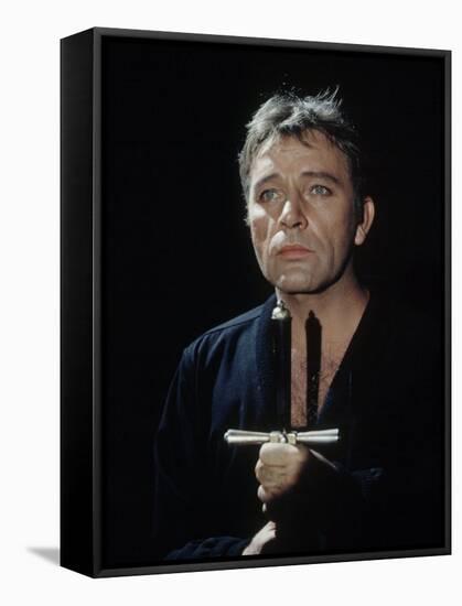 Actor Richard Burton Gripping Hilt of Sword During Scene from "Hamlet" on Broadway-George Silk-Framed Stretched Canvas