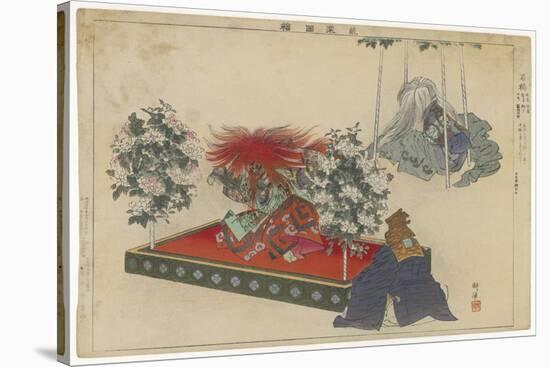 Actor with a Brilliant Red Wig and a Long Flowing Gown Dances Wildly in a Kabuki Play-null-Stretched Canvas