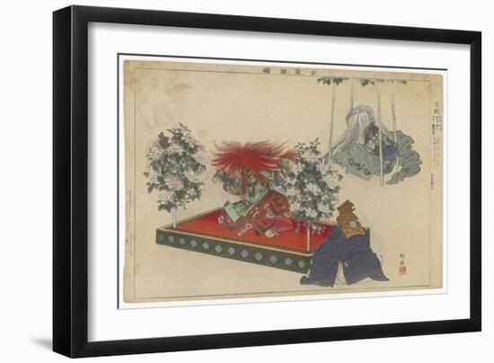 Actor with a Brilliant Red Wig and a Long Flowing Gown Dances Wildly in a Kabuki Play-null-Framed Art Print