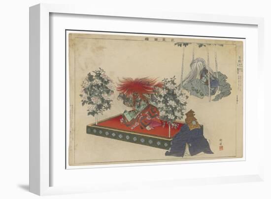 Actor with a Brilliant Red Wig and a Long Flowing Gown Dances Wildly in a Kabuki Play-null-Framed Art Print