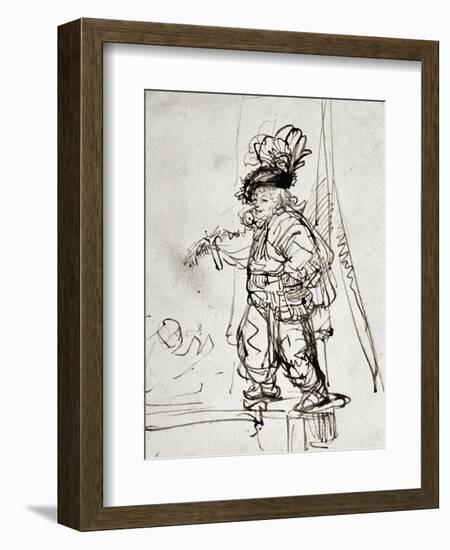 Actor with Parrot, Pen and Brown Ink Drawing-Rembrandt van Rijn-Framed Giclee Print