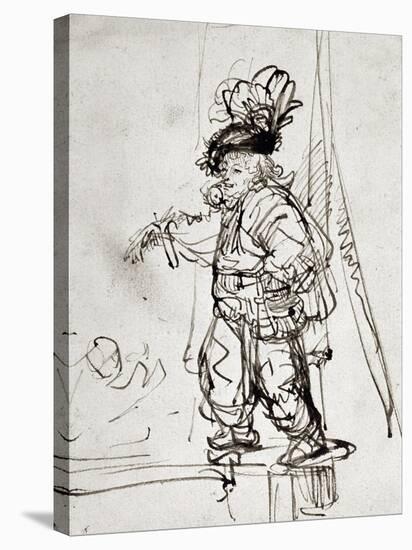 Actor with Parrot, Pen and Brown Ink Drawing-Rembrandt van Rijn-Stretched Canvas