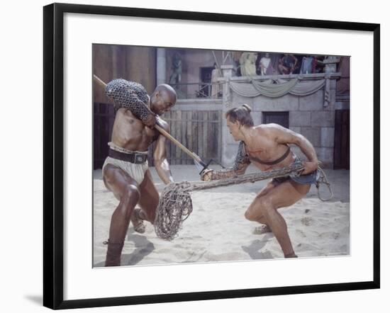 Actor Woody Strode Squaring Off Against Actor Kirk Douglas in Gladiator Battle in "Spartacus"-J^ R^ Eyerman-Framed Premium Photographic Print