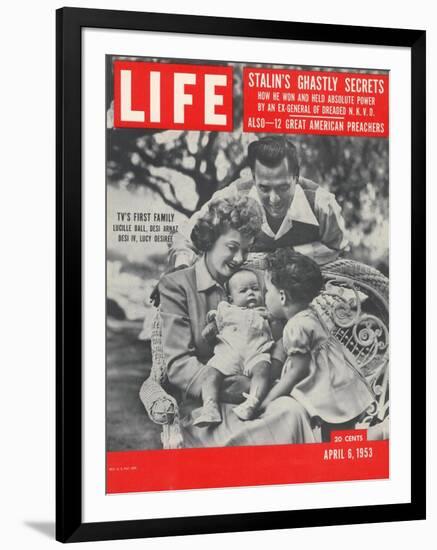 Actors Dezi Arnaz and Wife Lucille Ball with Children, Desi Jr. and Lucie, at Home, April 6, 1953-Ed Clark-Framed Photographic Print