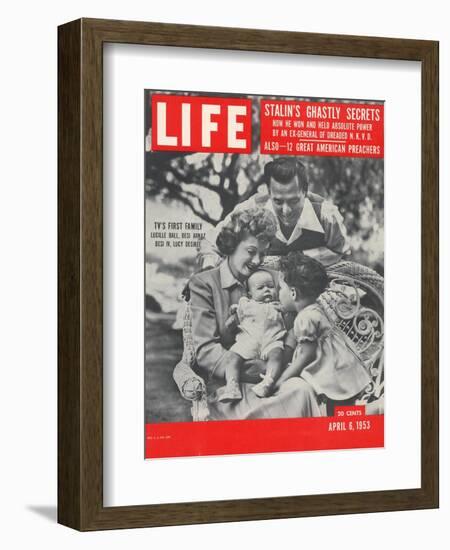 Actors Dezi Arnaz and Wife Lucille Ball with Children, Desi Jr. and Lucie, at Home, April 6, 1953-Ed Clark-Framed Photographic Print