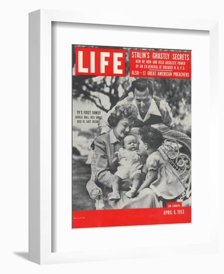 Actors Dezi Arnaz and Wife Lucille Ball with Children, Desi Jr. and Lucie, at Home, April 6, 1953-Ed Clark-Framed Photographic Print