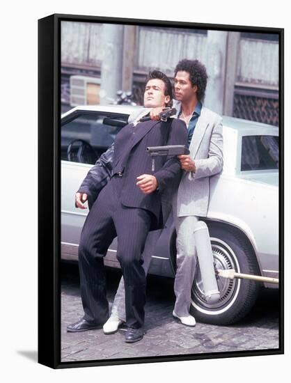 Actors Philip Michael Thomas and Shooting Scene From Thomas's Television Series "Miami Vice"-David Mcgough-Framed Stretched Canvas