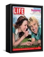 Actors Rachel McAdams and Owen Wilson Outdoors Lying on Lawn, July 1, 2005-Karina Taira-Framed Stretched Canvas