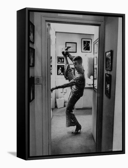 Actress Angela Lansbury Limbering Up for Hit Broadway Show 'Mame'-Mark Kauffman-Framed Stretched Canvas