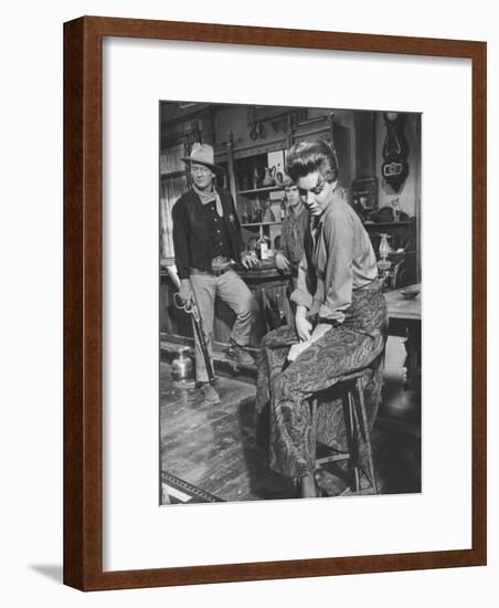 Actress Angie Dickinson on Set for "Rio Bravo" with Actor John Wayne-Allan Grant-Framed Premium Photographic Print