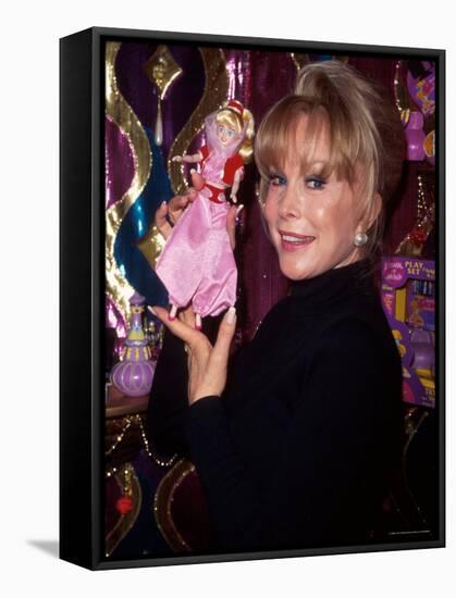 Actress Barbara Eden Holding Up Jeannie Doll-Dave Allocca-Framed Stretched Canvas