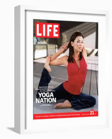 Actress Eva Longoria in One-legged Pigeon Yoga Pose, January 21, 2005-Andrew Southam-Framed Photographic Print