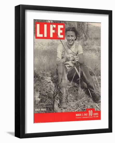 Actress Ginger Rogers Geared up for Fly Fishing on her 1,000 Acre Ranch, March 1, 1942-Bob Landry-Framed Photographic Print