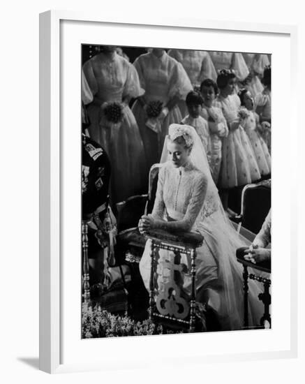 Actress Grace Kelly in Gorgeous Wedding Gown Praying During Her Wedding to Prince Rainier-Thomas D^ Mcavoy-Framed Premium Photographic Print
