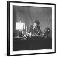 Actress Joan Fontaine Doing the Household Bookkeeping Next to Oscar Statuette-Bob Landry-Framed Premium Photographic Print