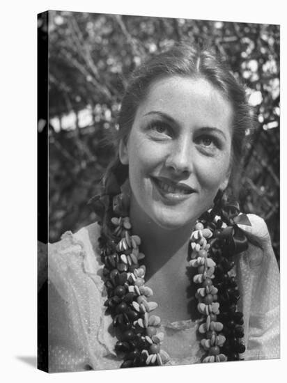 Actress Joan Fontaine Sporting Pigtails and Her Natural Freckles in Yard at Home-Bob Landry-Stretched Canvas