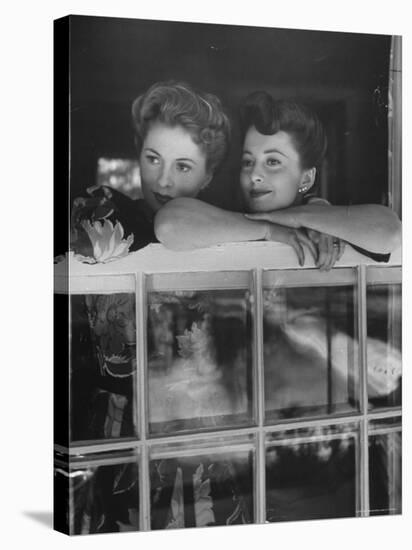 Actress Joan Fontaine with Actress Sister Olivia de Havilland Looking Out of Open Window at Home-Bob Landry-Stretched Canvas