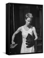 Actress Julie Harris, Punching a Baseball Glove in Scene from Play "Member of the Wedding"-Eliot Elisofon-Framed Stretched Canvas